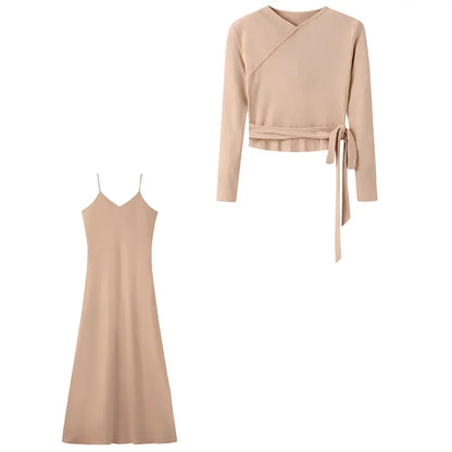 New Autumn Woman Long Sleeve Dress Suit Solid Color Tie With Bow Top And Milk Silk Knit Suspenders Dress Elegant Female Outwear.