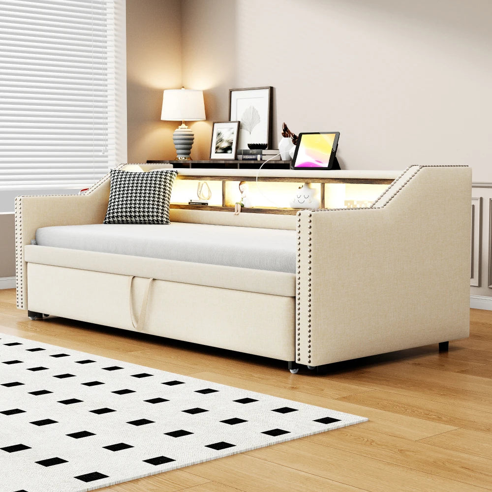 Ausziehbares Schlafsofa 90/180 x 190 cm, multifunktionales Aufbewahrungsfach, LED-Licht und USB-Buchse, mit Gitter, Dunkelgrau