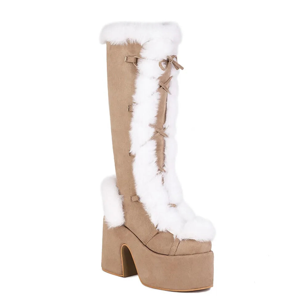 GIGIFOX Fur Super Chunky High Heel Platform Mid-Calf Boots For Women Faux Suede Round Toe Side Zipper Lace-Up Warm Casaul Boots.