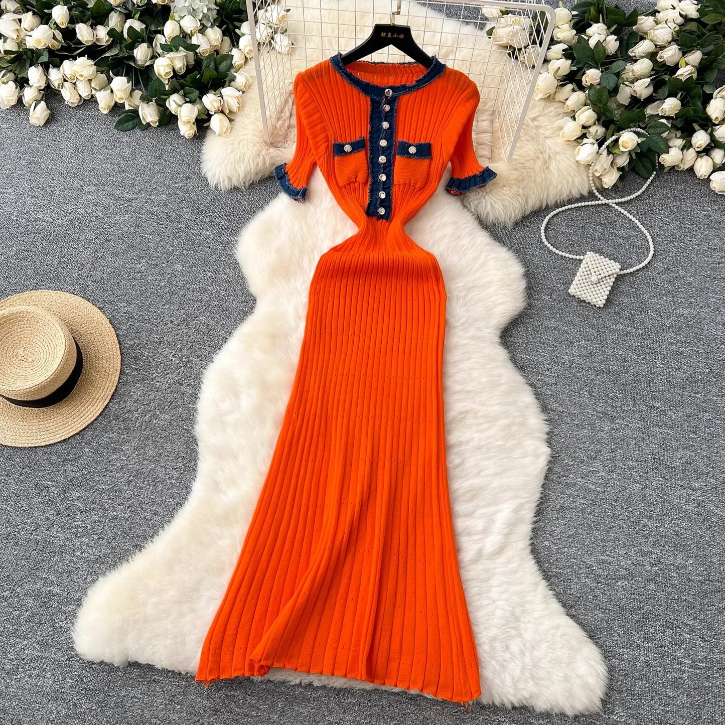 YuooMuoo Chic Mode Sexy Pakete Gestrickte Maxi Kleid Frühling Sommer Vintage Denim Patchwork Lange Pullover Kleid Dame Vestidos.