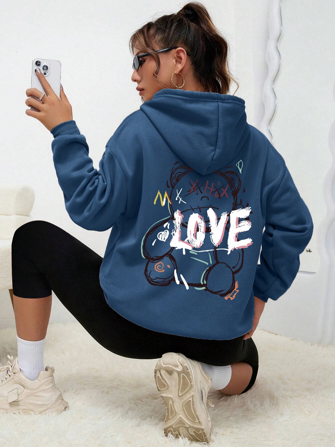 Graffiti Linie Bär Einfache Druck Weibliche Hoody Harajuku S-Xxl Sweatshirt Mode Lässig Straße Mit Kapuze Herbst Warme Streetwear Frauen.
