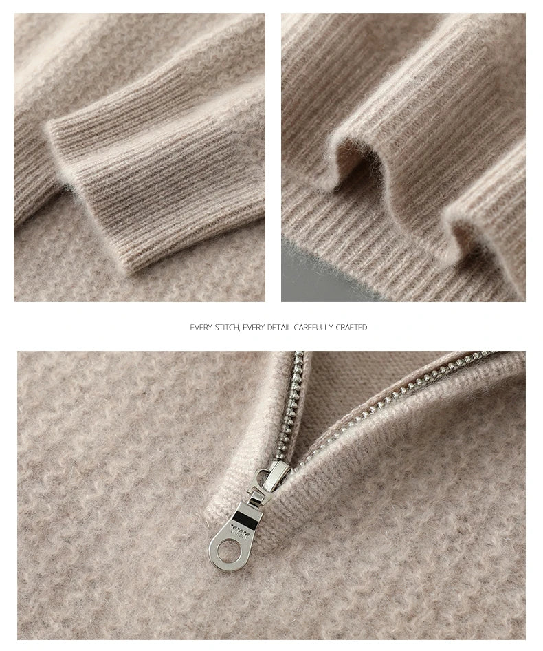 Men's 100% Merino Wool Thicken Sweater Half Zipper Mock Collar Pullover Autumn Winter Cashmere Knitwear Business Casual Clothing