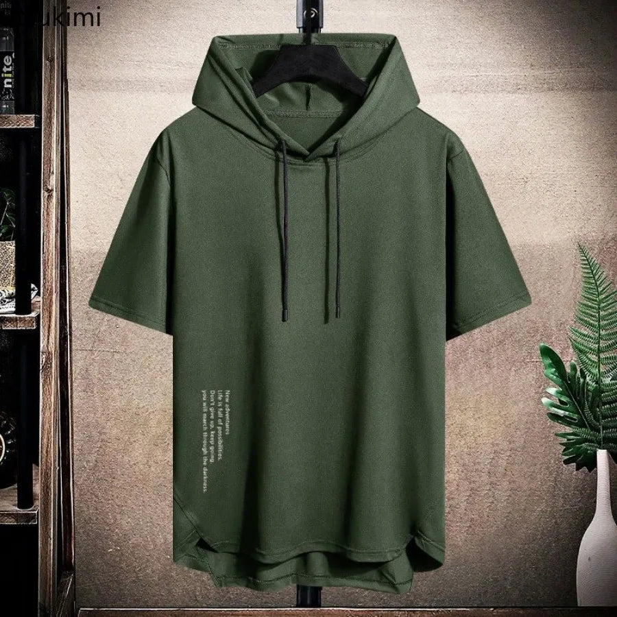 2025 Men's Summer Hoodies T-shirts Short Sleeve Solid Color Loose Hooded Drawstring Pullover Tops Basic Tees for Daily Wear Male.