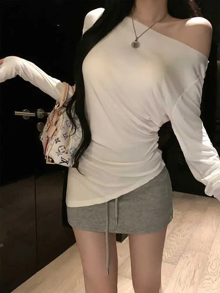 Sexy Long Sleeve T-Shirt Shoulder Bared Waist Cinched Slim Fit Knitted Cotton Solid Color Casual Urban Style for Early Autumn.