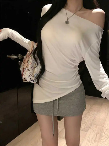 Sexy Long Sleeve T-Shirt Shoulder Bared Waist Cinched Slim Fit Knitted Cotton Solid Color Casual Urban Style for Early Autumn.