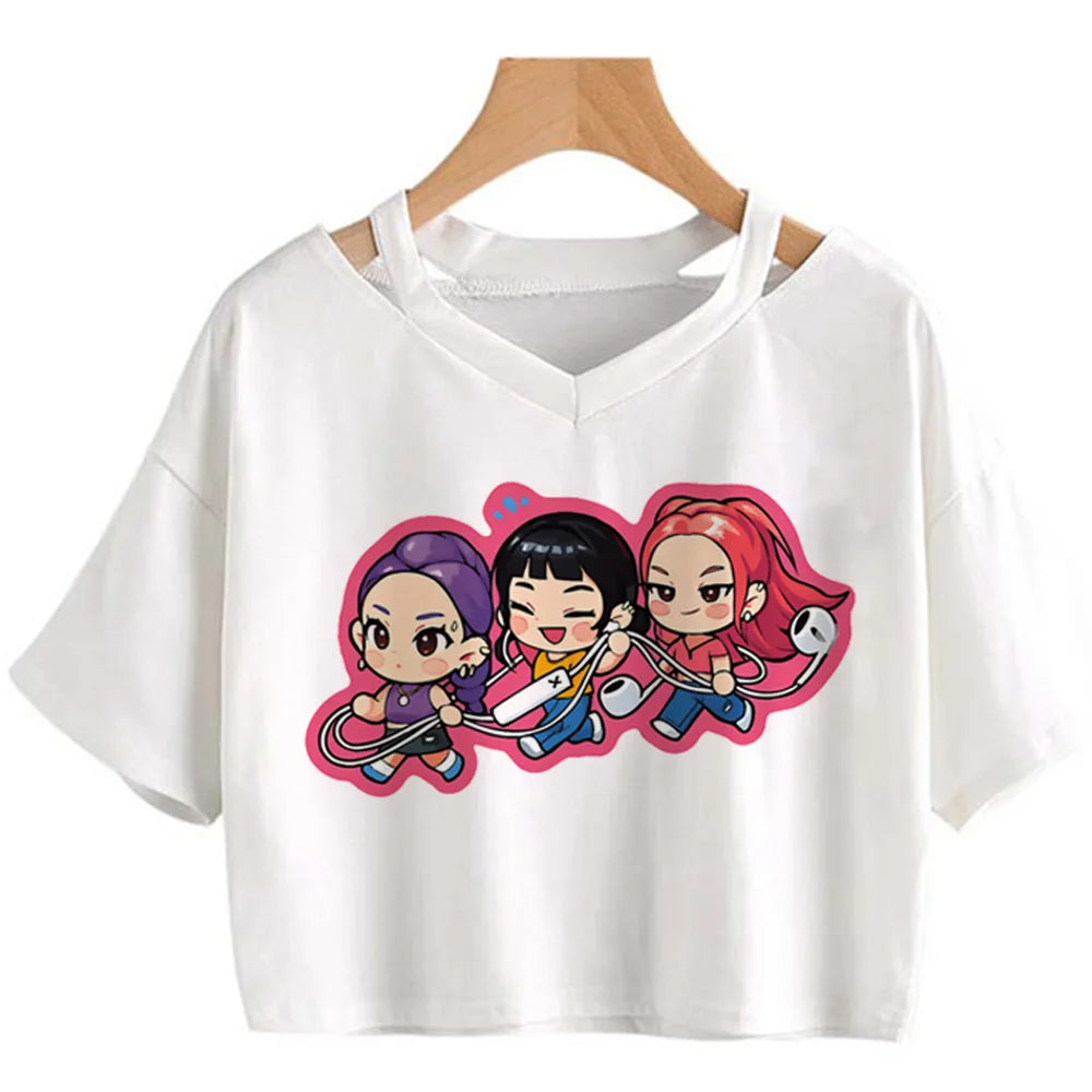 Kpop Demon Hunters Girls O-Neck Casual Women Summer Shirts Crop T-shirt.