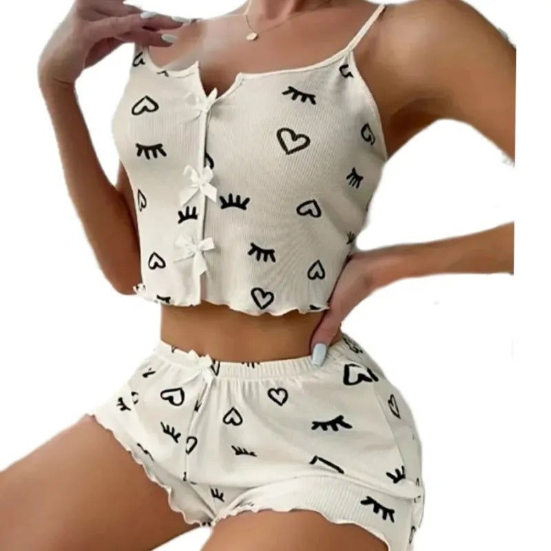 Damen Sexy Pyjamas Herz Wimpern Bedrucktes Pyjama Set V-Ausschnitt Camisole Top Shorts Loungewear.