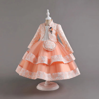 Neues Mädchenkleid, zweiteiliges Set, 3–10 Jahre alt, wunderschönes Weihnachts-Performance-Kleid, Herbst-Party-Abschlussballkleid für Mädchen