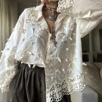 Casual Solid Color Long Sleeve Vacation Shirts Elegant Lapel Floral Hollow Out Blouse Fashion Women Single Breasted Commute Tops.