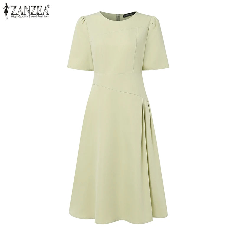 ZANZEA Elegante Büro Frauen Kleider Sommer Stilvolle Solide Party Arbeit Kleid Mode Kurzarm Plissee Vestidos Midi Sommerkleid.