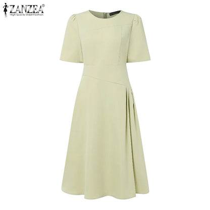 ZANZEA Elegante Büro Frauen Kleider Sommer Stilvolle Solide Party Arbeit Kleid Mode Kurzarm Plissee Vestidos Midi Sommerkleid.