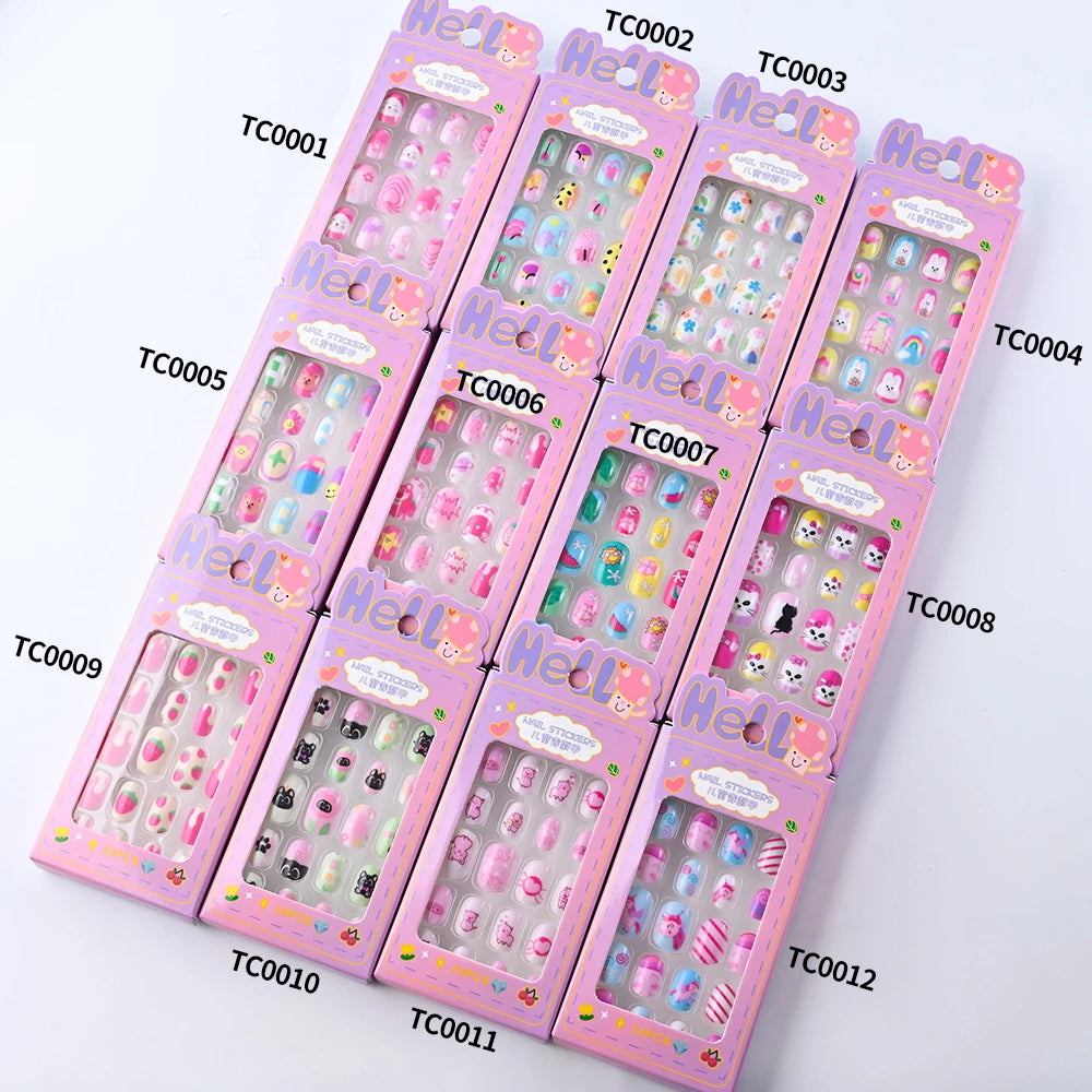 24Pcs/box Kids nails for Girl Cartoon Pattern False Nail Cute Child Fake Nails Tips Kawaii Acrylic Artificial Press on Nail+Tool.