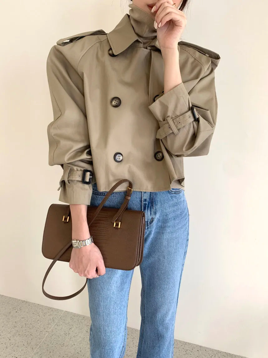 Vintage Zweireiher Graben Jacken Frauen Lose Chic Büro Dame Crop Tops Herbst Weibliche Mäntel Alle-spiel Lose Windjacke.