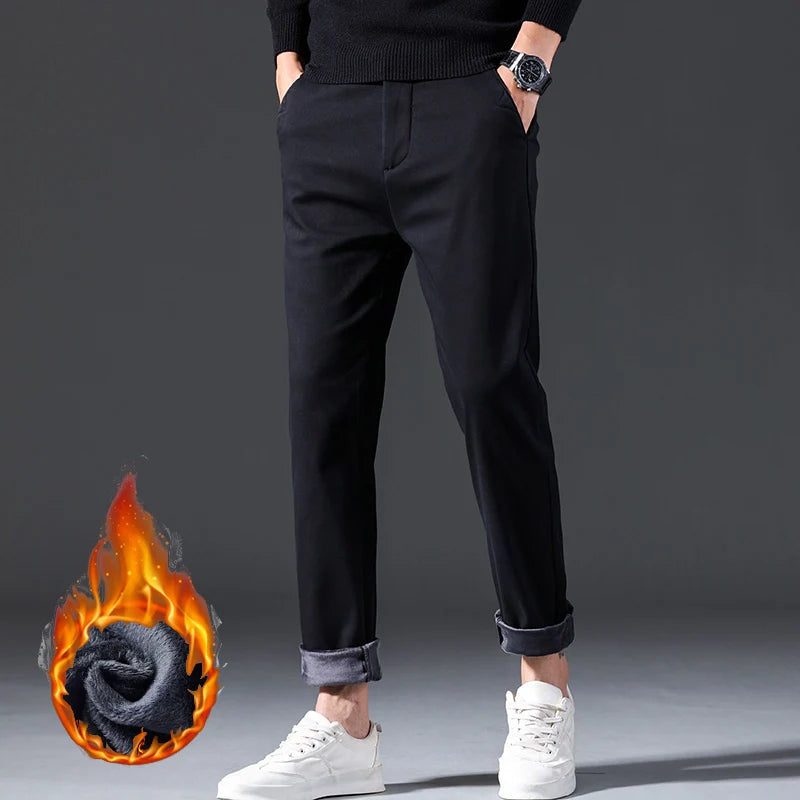 Winter Casual Men Classic Style Business Warm Plush Trousers Regular Thick Fur Pants Male Fleece Elastic Straight Formal Pants.