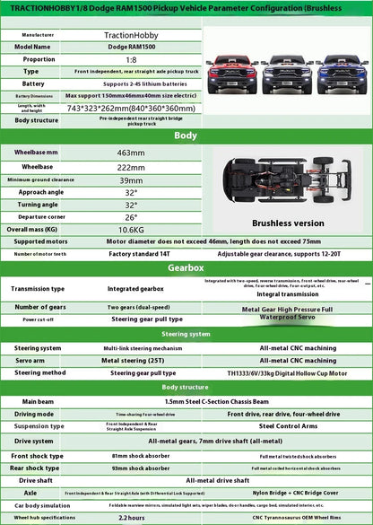 KM Thunder Dodge Tyrannosaurus RAM 1500 Simulation 1/8 Remote Control Electric 4WD Climbing Vehicle Pickup Off road Vehicle.