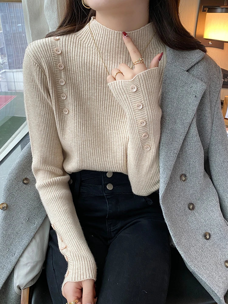 Langarm Beiläufige Dünne Pullover Mode Taste Grundlegende Gestrickte Tops Frauen Rollkragenpullover Koreanische Mode Einfache Chic Kleidung
