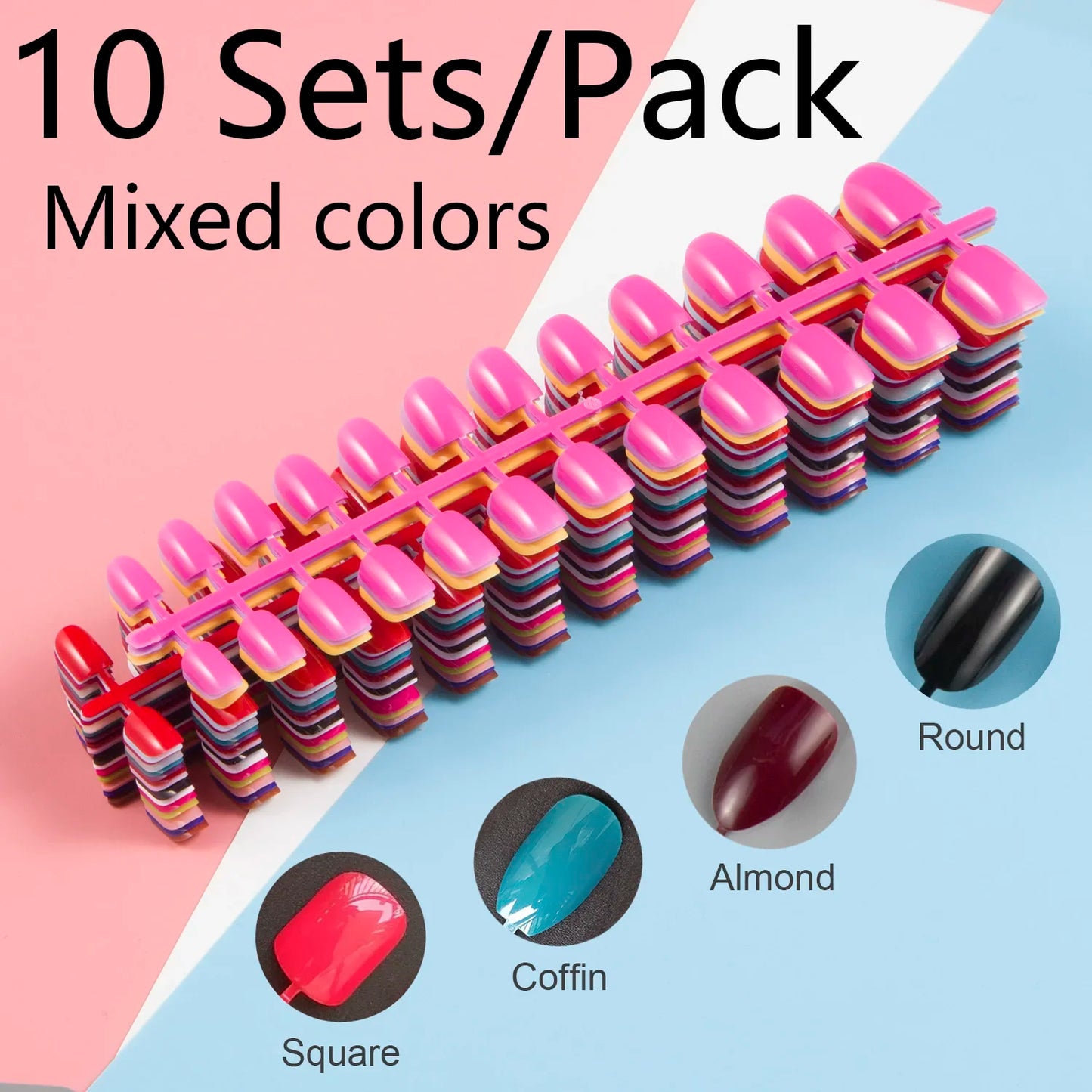 10 Sets/Pack Mixed Solid Colors Coffin Round Square Almond Shape False Nails Full Cover Nail Tips Short Fake Nails Tip Manicure.