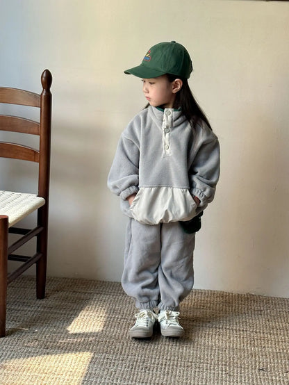 2025 Winter New Children Polar Fleece Sweatshirt Set Boys Girls Plus Velvet Thick Warm 2pcs Suit Kids Casual Sports Outfits