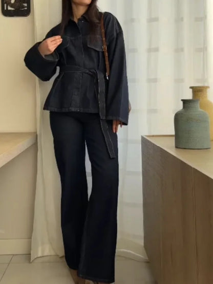 Retro Classic Denim Jacket Pants 2pcs Set Strap Coat Women Straight Leg Pants Autumn Stylish Women's Casual Suit
