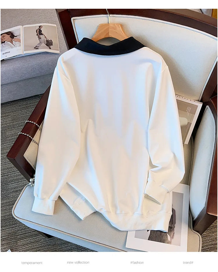 175kg plus size Damen büste Frühling Herbst lose besticktes Sweatshirt schwarz weiß groß 5xl 6xl 7xl 8xl 9xl.