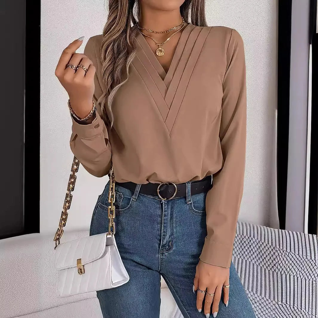Summer And Autumn Women's Casual Shirt, Commuting Style Solid Color V-neck Long Sleeve Shirt Top.