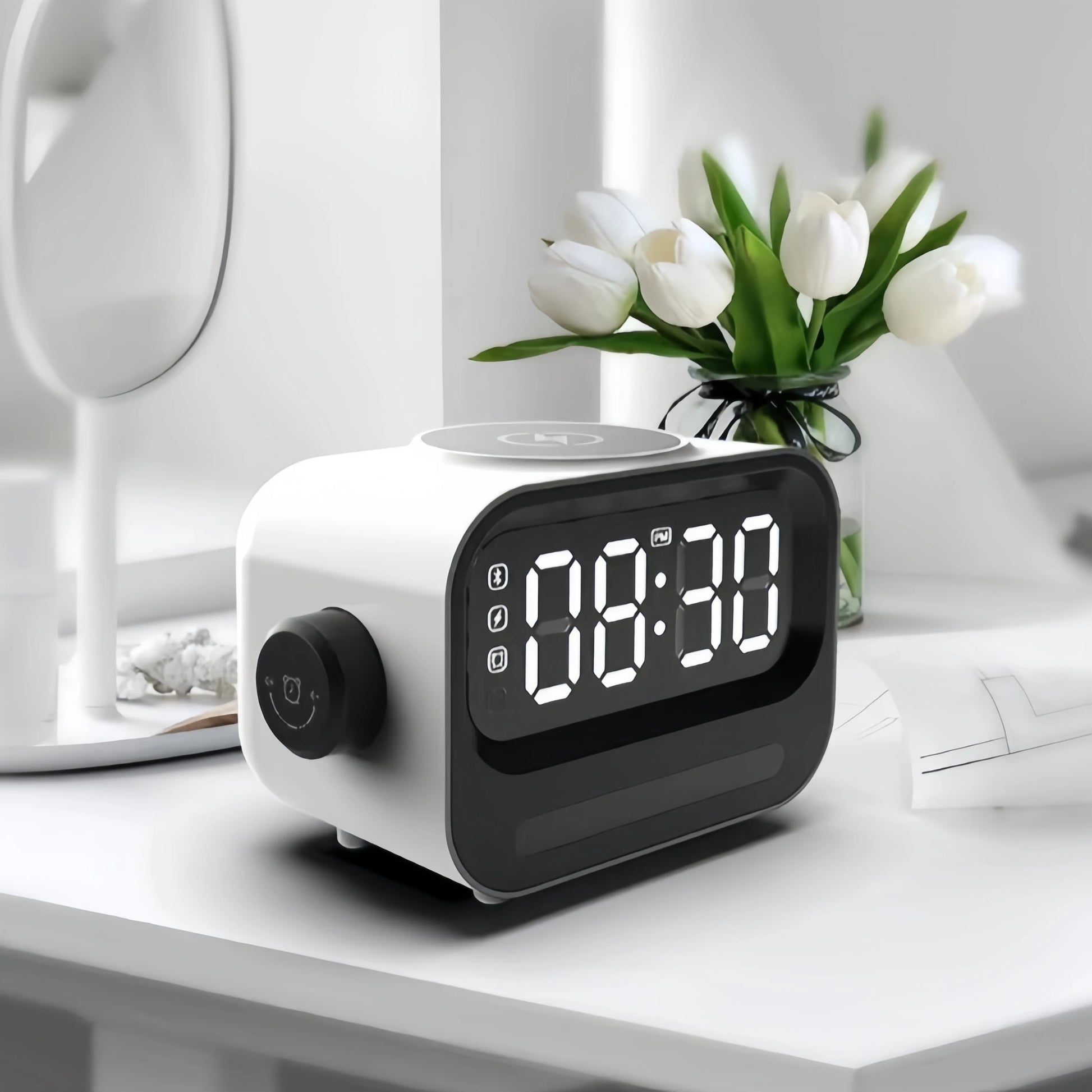 Modern Bluetooth Alarm Clock loudspeaker with 15W Wireless Charging, Night Light & Ambience Light.