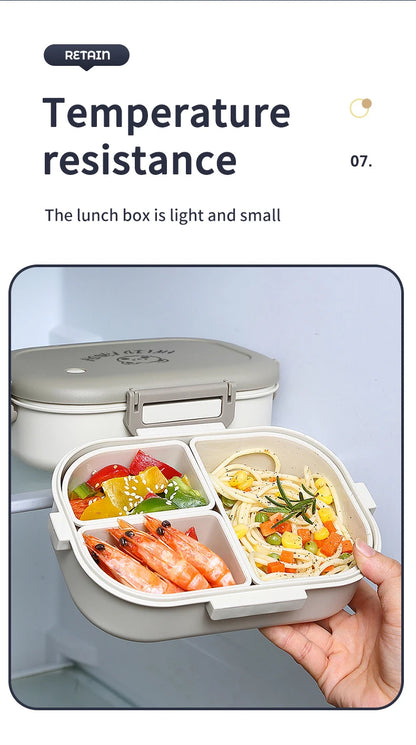 WORTHBUY Portable Plastic Bento Lunch Box With 3 Removable Compartment Leak-proof Microwave Salad Food Container For Kids School.