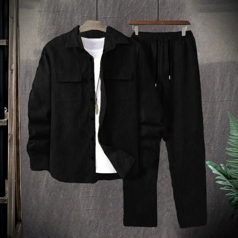 Long-sleeved Jacket Trousers Set Versatile Sportswear Outfit Men's Lapel Long Sleeve Sportwear Set with Flap for Athletes.