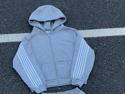 Y2K Casual Loose Oversized Zipper Hoodie Sweatpants Two-piece Set Harajuku Retro Street Hip-hop Striped Sweatshirt Casual Pants.