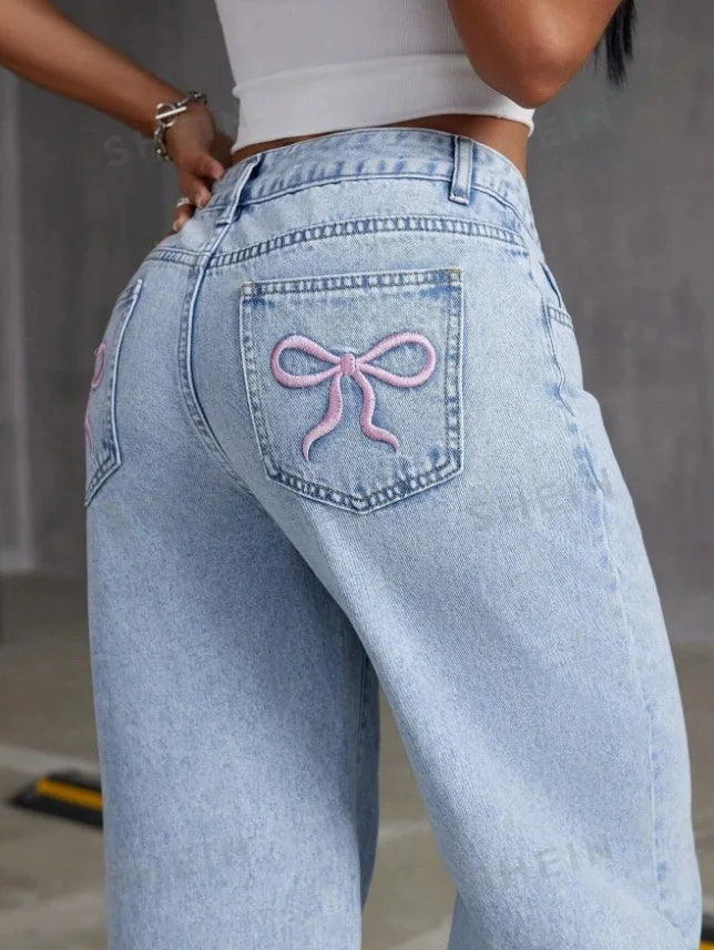 Jean Straight Pants Women Denim Washed Jeans Full Length Mom Embroidery Pockets Loose High Waist Vintage Zipper Fly Spliced.