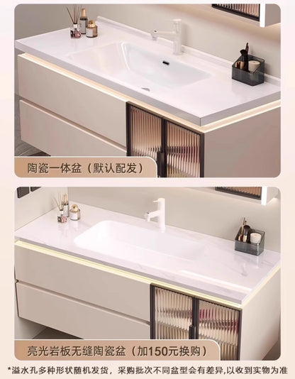 Cremefarbener Wind-Badezimmerschrank, integriertes Waschbecken aus Keramik, WC-Waschbecken-Kombination