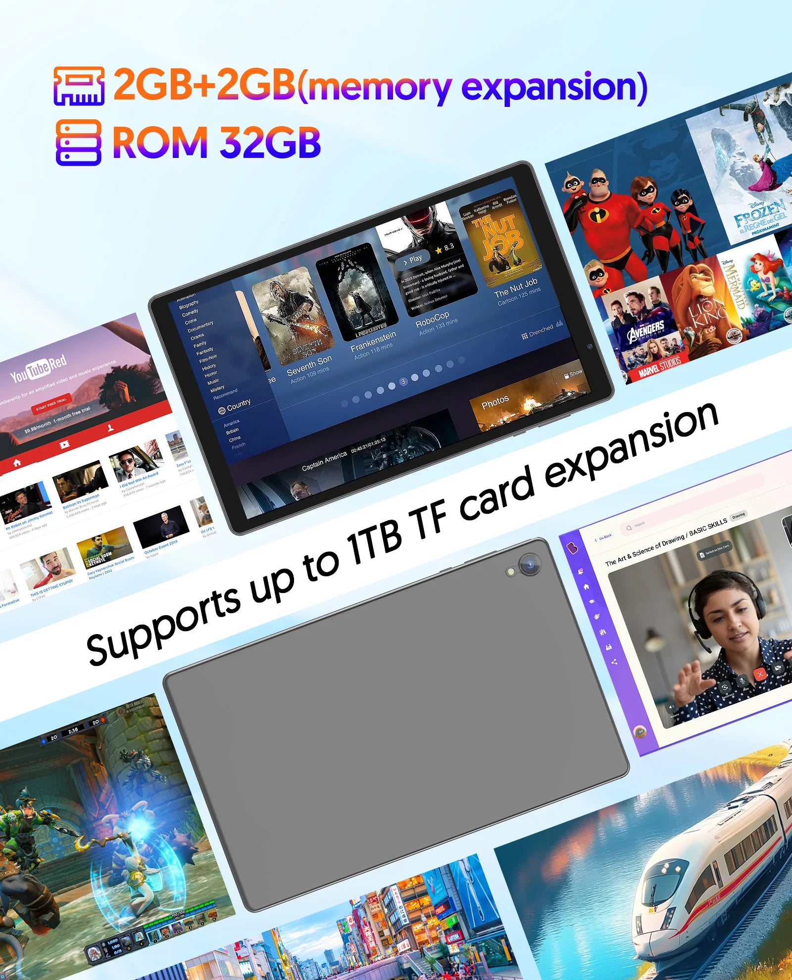 BAKEN 10-inch Tablet, Quad-core Processor, 4 (2+2)GB ROM + 32GB RAM, 1TB Expandable Memory, Wi-Fi 6, Bluetooth, Google Play GMS.