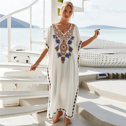Women Embroidered Kaftan Dress Caftan Loungewear Long Bathing Suit Cover Up Beach Wear Vacation Outfit Loose Summer Women's Robe