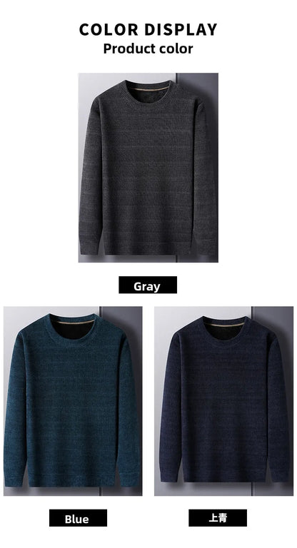 Fleece-Lined Knitted Pullover Sweater Casual Jumper for Men Insulated Warm Long Sleeve Thick Material Round Neck Design.