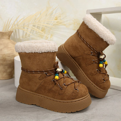 Chunky Platform Non Slip Furry Snow Boots Women 2025 Winter Soft Thick Bottom Warm Plush Ankle Boots Colorful Bead Lace Up Shoes