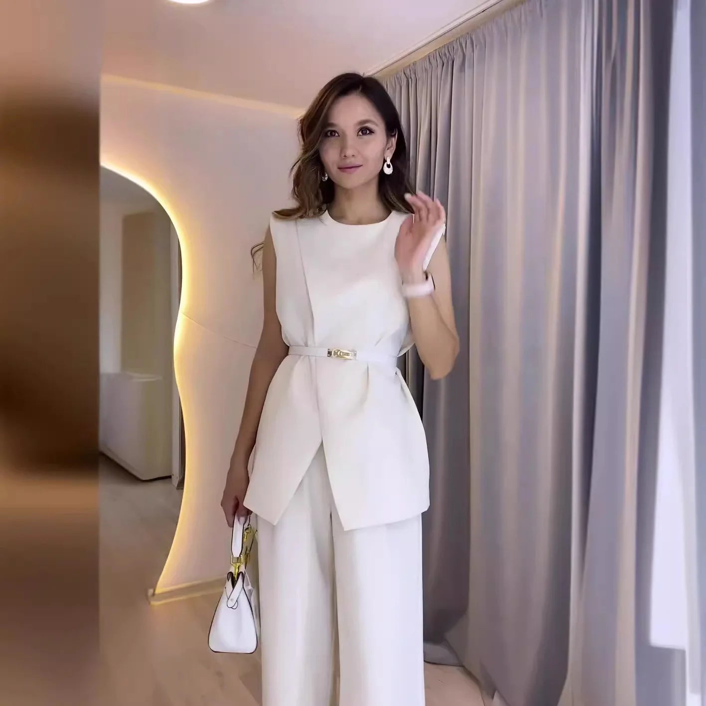 Women Women Piece Set High Waist Pocket Pant Sets Tops Solid Sleeveless Spliced Elegant Round Neck Top Suits Office Lady.