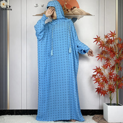 2024New Pure Cotton Ramadan Muslim Two-Hat Abaya Dubai Turkey Islam Prayer Clothes Loose Robe Islamic Women Traditional Clothing
