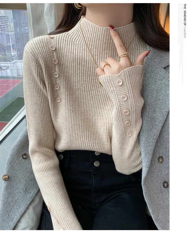 Langarm Beiläufige Dünne Pullover Mode Taste Grundlegende Gestrickte Tops Frauen Rollkragenpullover Koreanische Mode Einfache Chic Kleidung