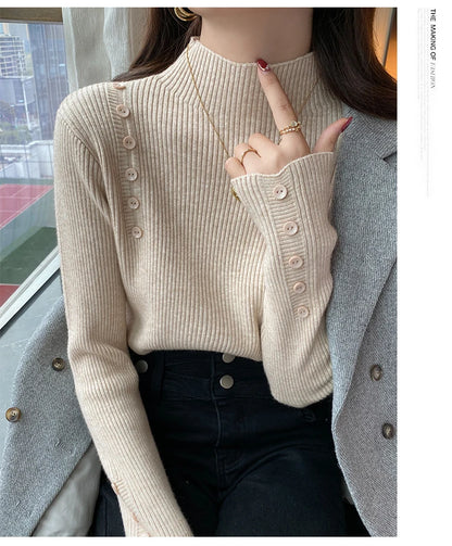 Langarm Beiläufige Dünne Pullover Mode Taste Grundlegende Gestrickte Tops Frauen Rollkragenpullover Koreanische Mode Einfache Chic Kleidung