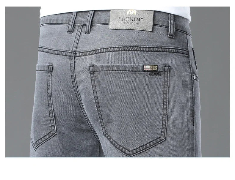 Summer Lyocell Ultra-thin Jeans Men Straight Stretch Breathable Denim Pants Fashion Business Casual Male Trousers Black Gray