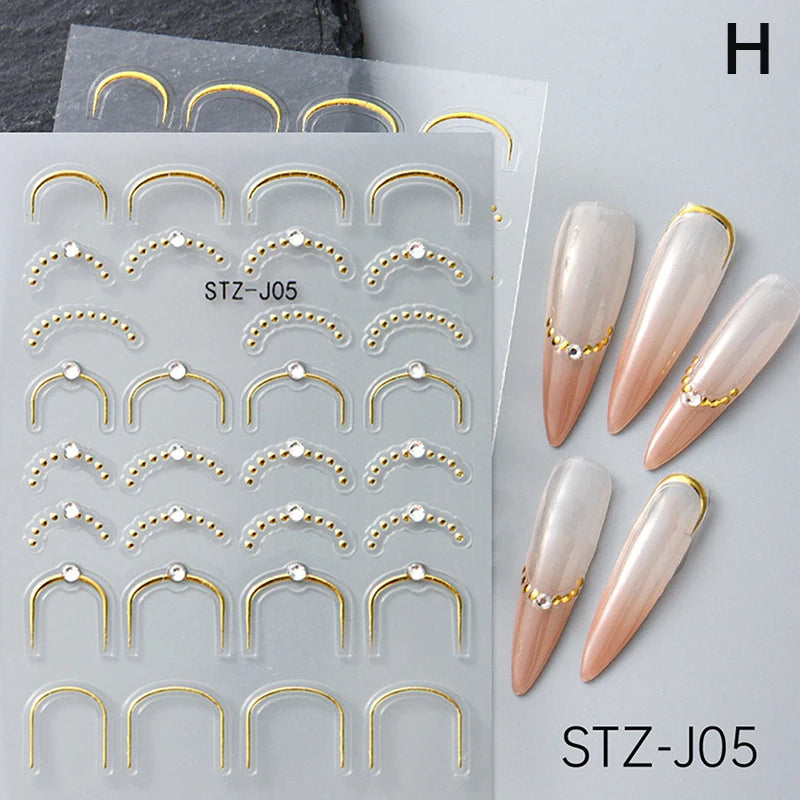 French Tips Nail Sticker 5D Embossed Crystal French Nail Decals Gold Silver Black Line Design Adhesive Slider Nails Art.