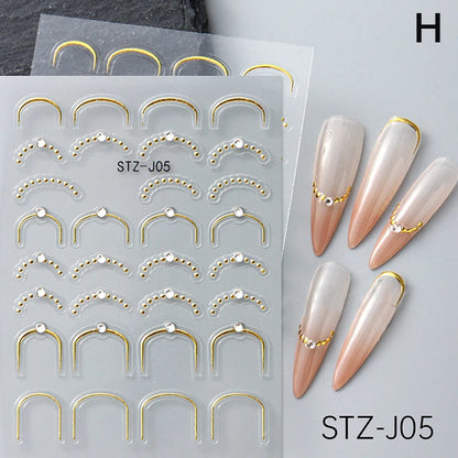 French Tips Nail Sticker 5D Embossed Crystal French Nail Decals Gold Silver Black Line Design Adhesive Slider Nails Art.