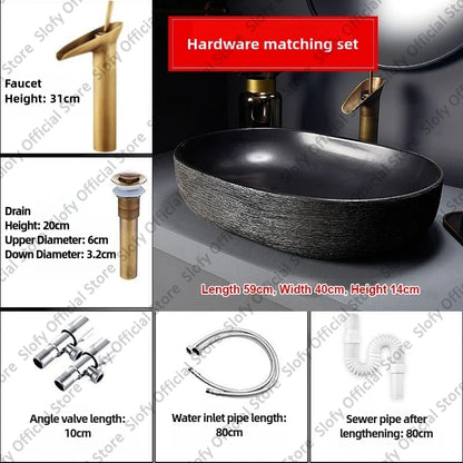 Retro-Kunst-Keramikwaschbecken, mehrere Stile, schwarzes Waschbecken, Einzelschüssel, Low-Key-Luxus-Aufsatzwaschbecken für Haushalt, Hotel, Badezimmer