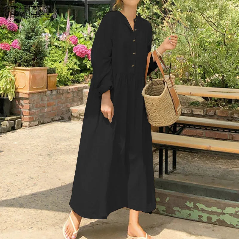 Women's Elegant Solid Cotton Robe Femme 2022 Spring Autumn Bohemian Maxi Dress ZANZEA Casual Long Sleeve Shirt Dresses Oversized.