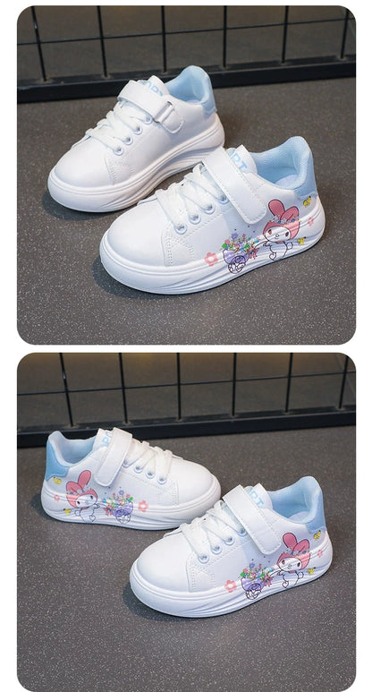 Baby Girls White Shoes Kids Casual Sneakers Cartoon Soft Breathable Fashion Children White PU Leather Shoes Size 26-37.