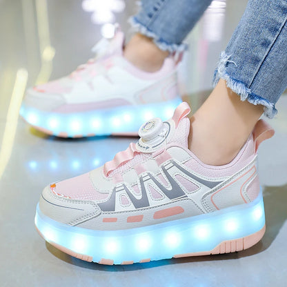 Children Four Wheels Luminous Glowing Sneakers Black Pink Led Light Roller Skate Shoes Kids Led Shoes Boys Girls USB Charging.