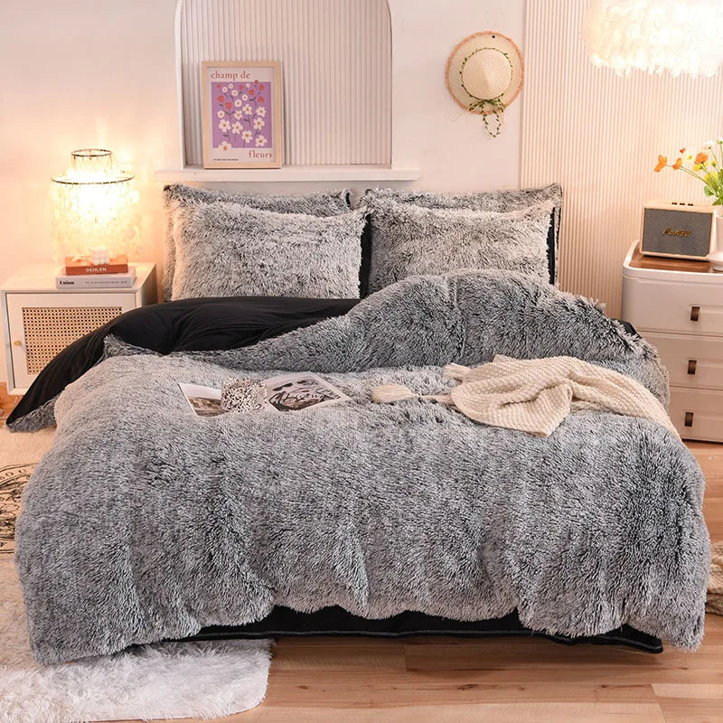 3Pcs Super Shaggy Coral Fleece Warm Cozy Princess Bedding Set Mink Velvet Duvet Cover Set Bed Comforter Cover Blanket Pillowcase