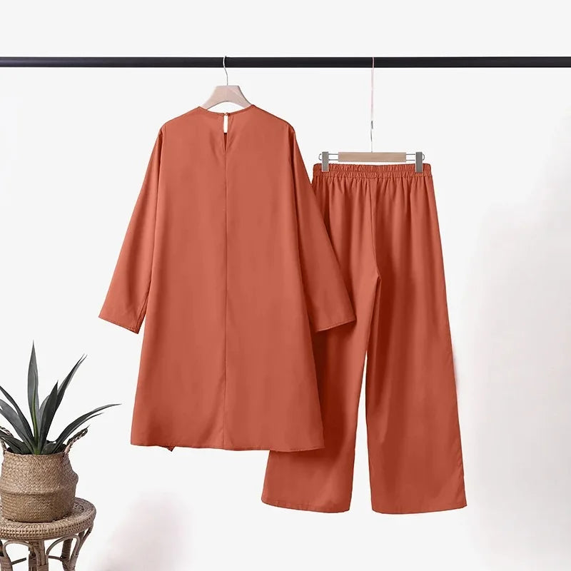 Women Eid Musulman Ensemble Muslim Sets Solid Blouses Wide Leg Pants Ramadan Morocco Two Pieces Dubai Kaftan Loose Modest.