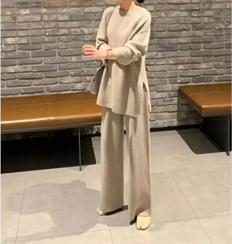 2024 Autumn Winter New Women's Fashion Fashionable Age Reducing Two Piece Pants Knitted Sweater Straight Leg Pants Set For Women.