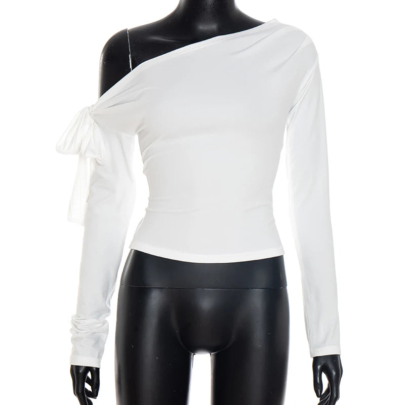 CUTENOVA Fall New Arrival Women Gathered One-Shoulder Twisted Tie-Front Asymmetrical Long-Sleeve T-Shirt Simple Casual Sweet Top.